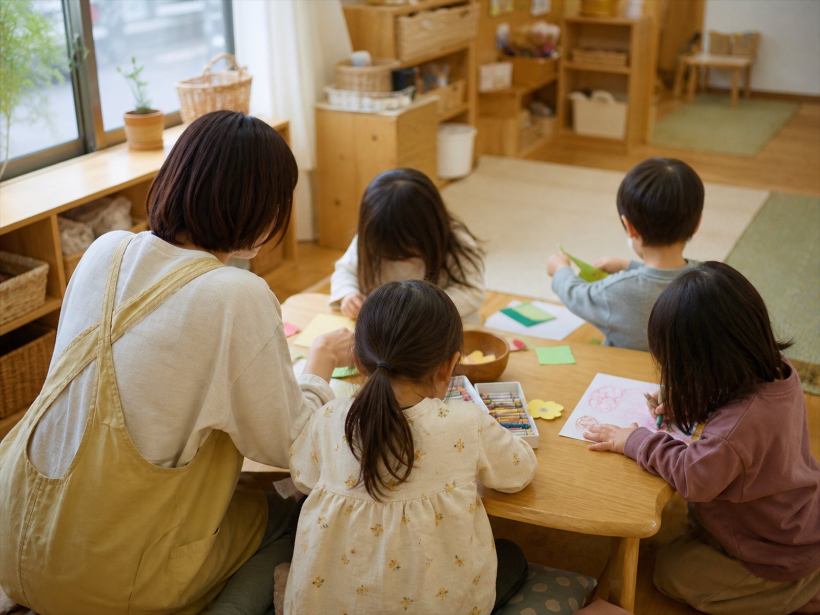木のテーブルを囲んで、保育士と子どもたちがお絵かきや紙工作をしている様子